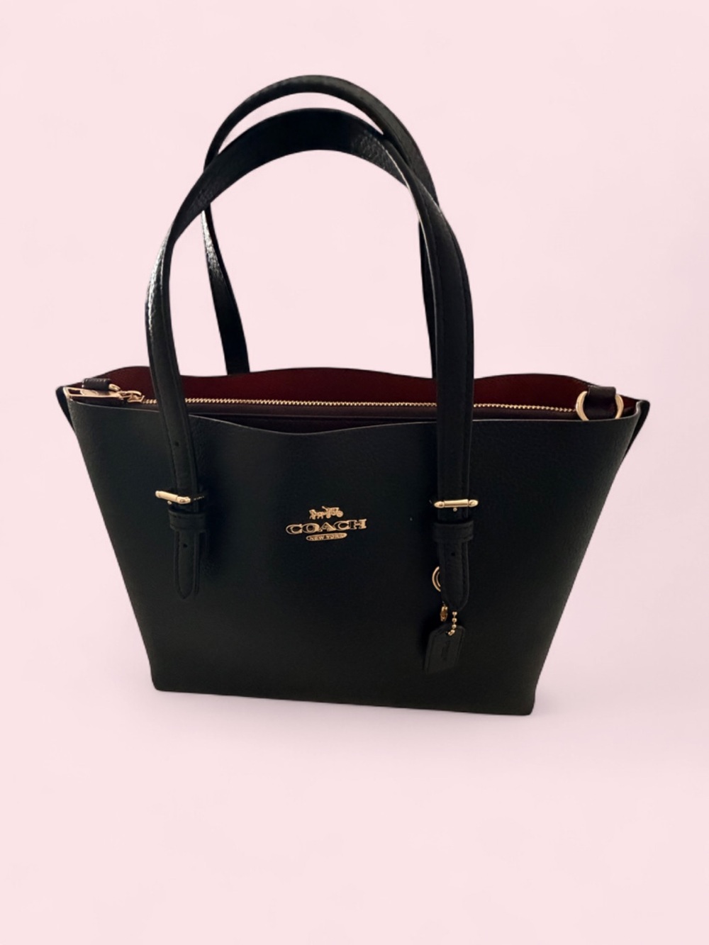 Coach Black Leather Tote with Red Interior and Gold Hardware